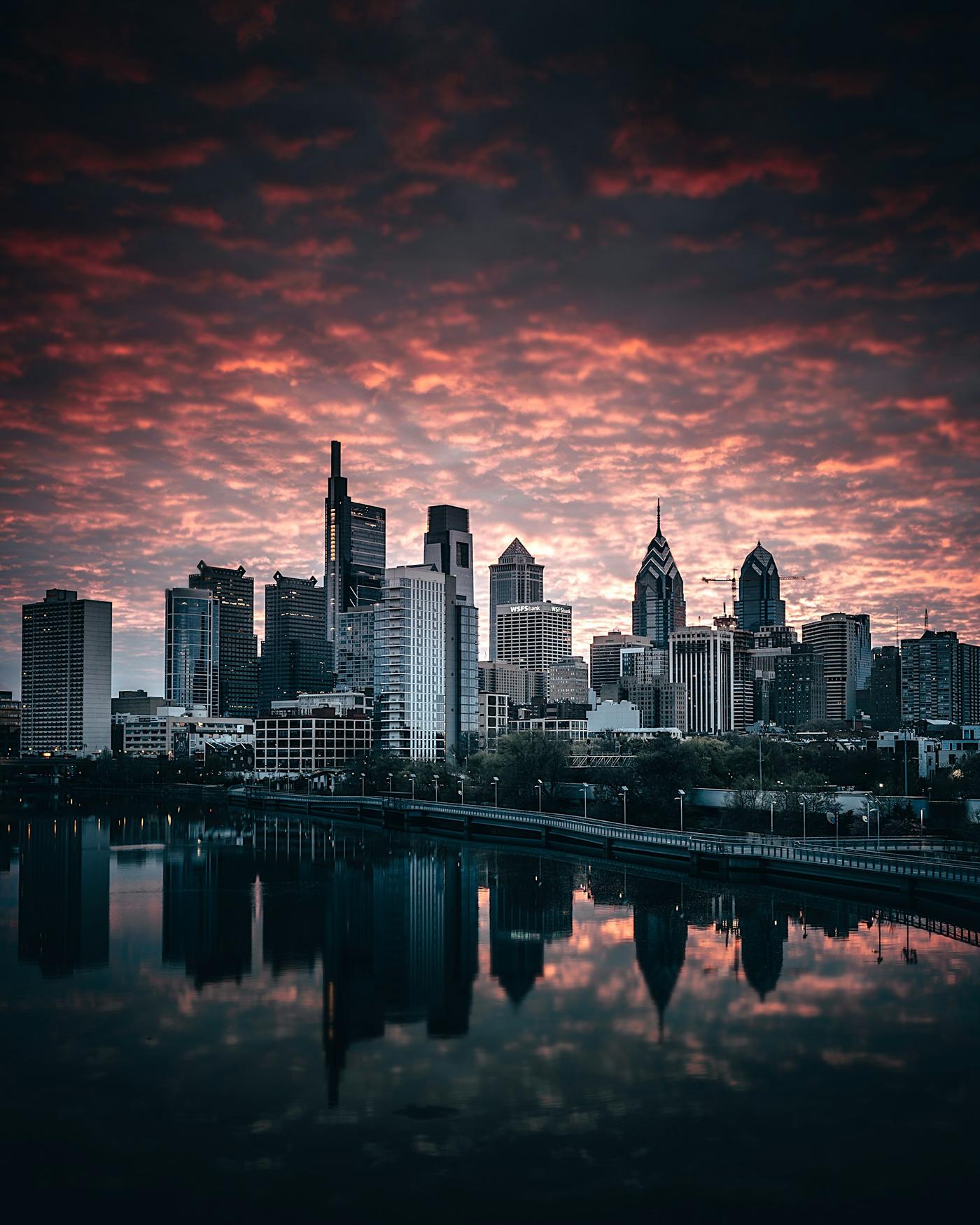 Philadelphia skyline reflected in the Schuylkill River at dusk